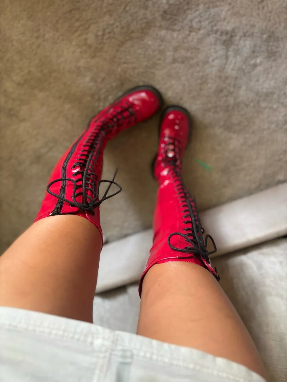 Platform Demonia Red Patent Over-the-Knee Lace-Up Boots